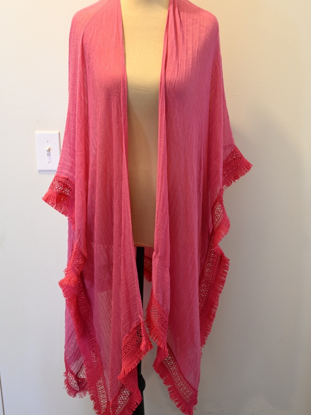 Bright Pink Sheer Fringe Open-Front Kimono Wrap Swim Renfair Fairy Fae Boho
